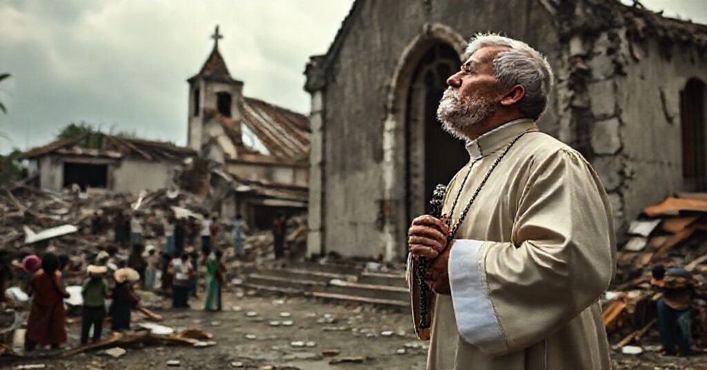 A priest in traditional cassock praying amid the devastation of Hurricane Melissa in Haiti, symbolizing the need for spiritual repentance over secular humanitarianism.