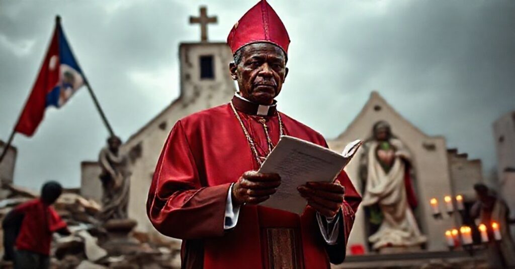 Haitian bishop in traditional vestments stands before a ruined church amid gang violence, holding a copy of the 1987 Constitution.