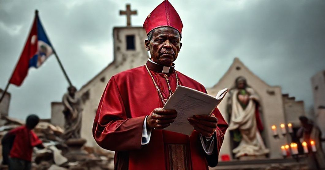 Haitian bishop in traditional vestments stands before a ruined church amid gang violence, holding a copy of the 1987 Constitution.