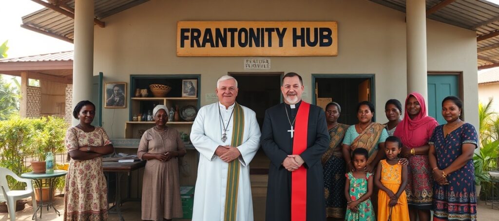A realistic depiction of the Hantoa Fraternity Hub in Bougainville, showcasing a Catholic mission center with a restaurant and tailoring workshop.