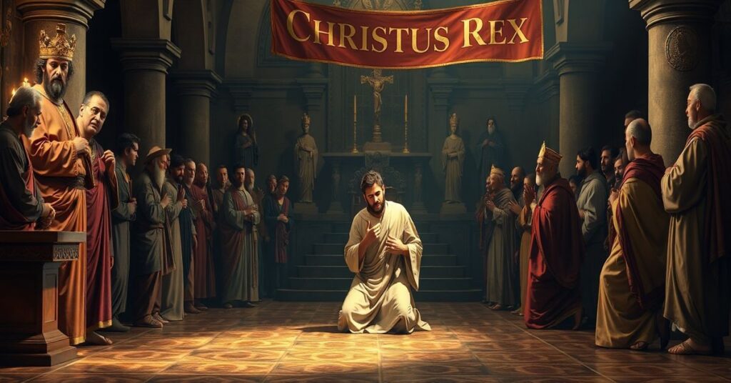 A traditional Catholic depiction of the healing of the man born blind (John 9), emphasizing the supernatural grace of faith and the Social Kingship of Christ.