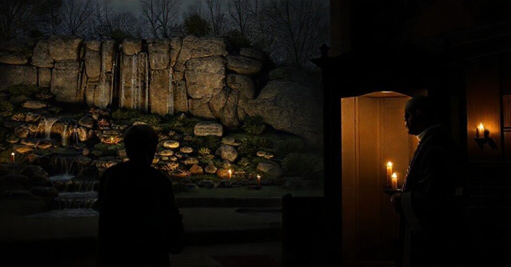 A somber confrontation between a naturalistic 'Living Wall' monument and a traditional Catholic confession booth, illustrating the contrast between sacramental reality and modernist substitutes for repentance.