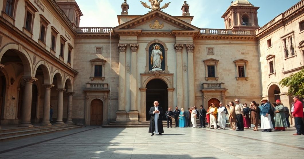 Historical site in Mexico City where the alleged apparition of 'Our Lady of Guadalupe' occurred, showing architectural details and a priest in traditional Catholic attire.
