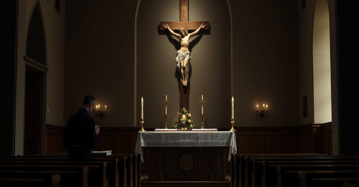 Holiness Without Dogma: Modernist Apologetics Exposed A sedevacantist priest kneeling in prayer before a traditional Catholic altar with a crucifix in the background.