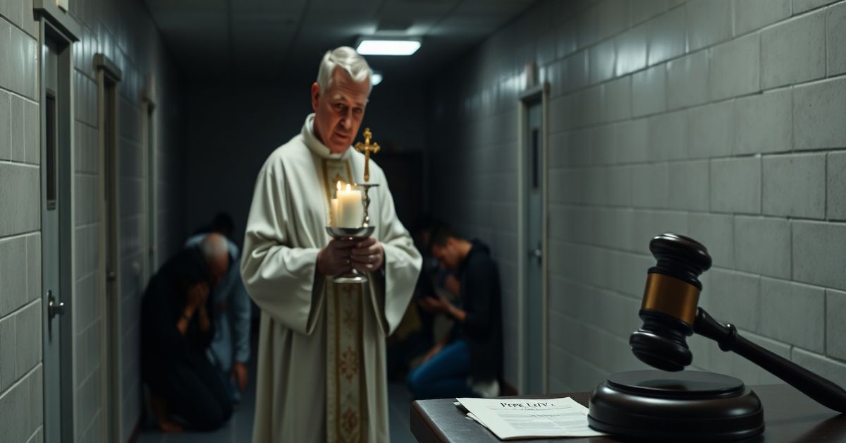 A traditional Catholic priest administers the Blessed Sacrament in an ICE detention facility during Holy Week, highlighting the spiritual neglect under modernist ecclesiastical authority.