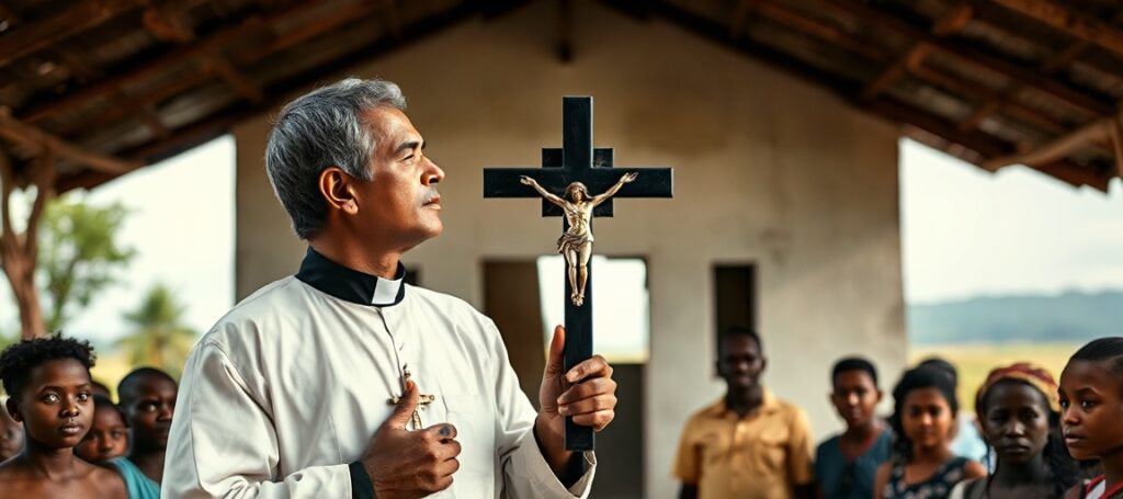 A solemn Holy Cross missionary in Papua New Guinea stands before a modernist chapel, holding a crucifix as indigenous people gather around him.