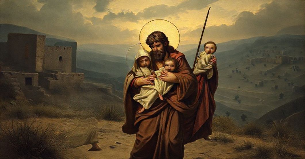Holy Family fleeing Herod's persecution, contrasting traditional Catholic truth with modernist heresy of sentimental humanism.