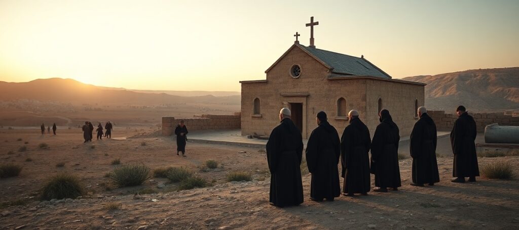 A solemn image of monks praying in the Holy Land as Christian families depart, symbolizing the decline of Christianity in the region.