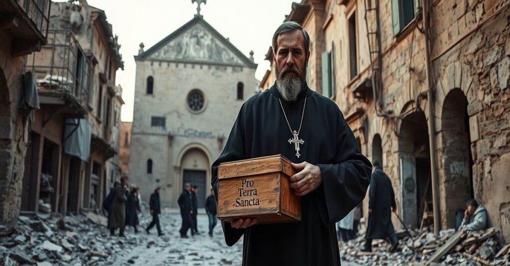 A traditional Catholic image depicting the Holy Land with a Franciscan friar amidst war-torn streets, symbolizing modernist ecumenism and the loss of true Catholic communion.