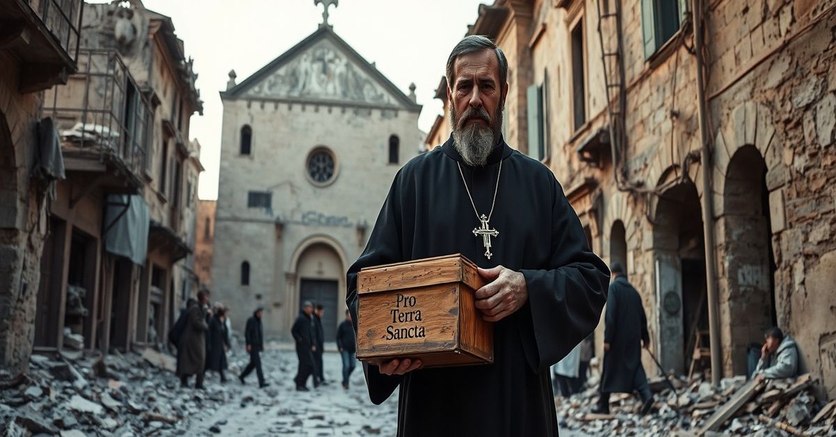 A traditional Catholic image depicting the Holy Land with a Franciscan friar amidst war-torn streets, symbolizing modernist ecumenism and the loss of true Catholic communion.