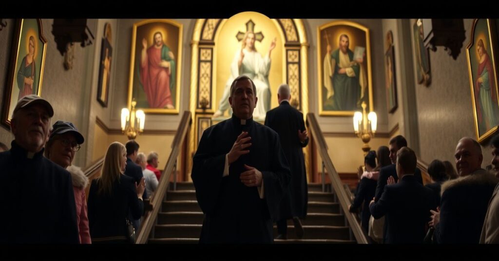 A solemn depiction of the Holy Stairs replica at St. Patrick's Church in Pittsburgh, highlighting the modernist emptiness in Catholic devotion.