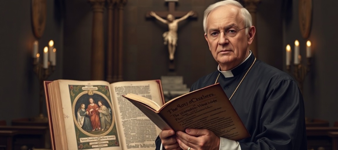 A traditional Catholic scholar contemplating the mystery of the Holy Trinity in a dimly lit chapel.
