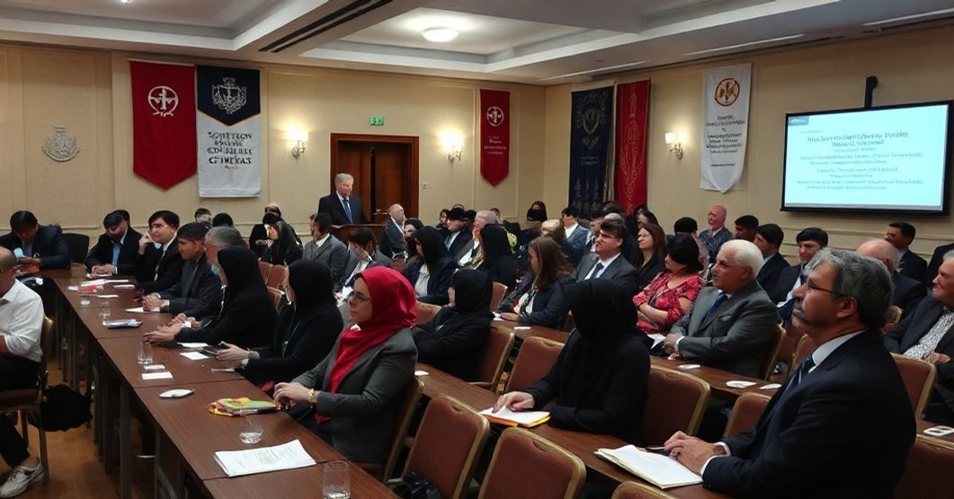 A solemn human trafficking conference with dignitaries discussing secular solutions without spiritual references.