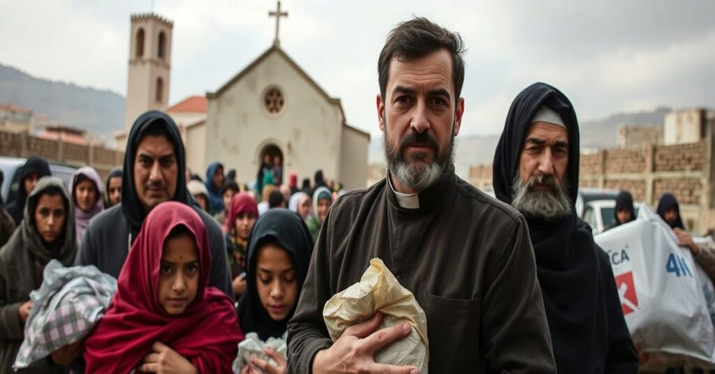 Displaced families in Lebanon receiving aid from Catholic organizations, highlighting the absence of supernatural focus in modernist humanitarian efforts.