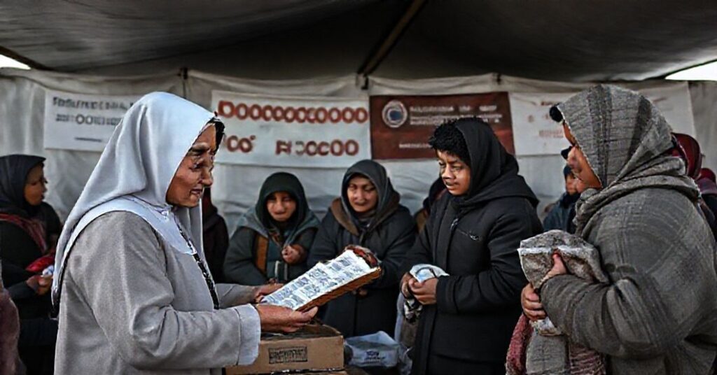 Sister Isabel Turcios distributing aid to migrants at Casa del Migrante 'Frontera Digna' without sacraments or spiritual guidance.