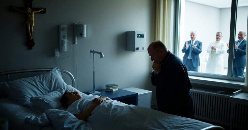 A grieving father kneels in prayer beside his deceased daughter in a hospital room, with a priest offering last rites. In the background, legislators applauding an antipope symbolize the hypocrisy of state-sanctioned euthanasia.