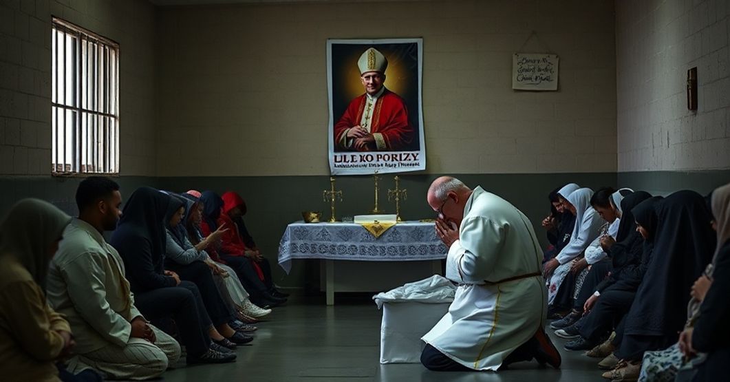 Catholic priest praying in ICE detention facility amidst spiritual neglect and modernist apostasy.