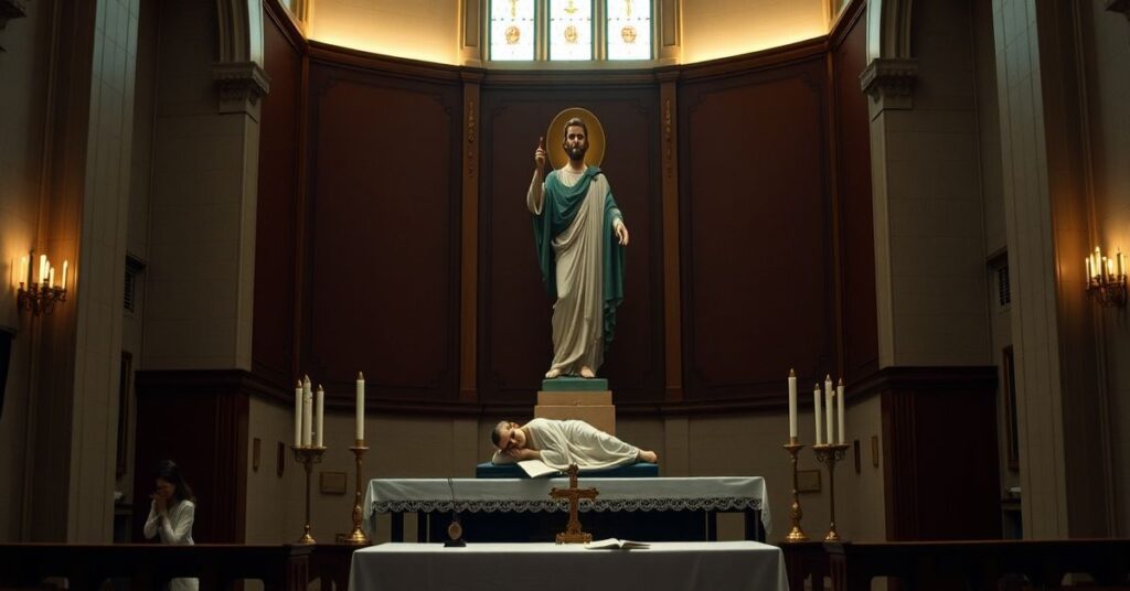 A Catholic church interior with a statue of St. Joseph prominently placed in front of the altar, overshadowing a dimly lit crucifix, symbolizing the idolatrous substitution of St. Joseph for Christ the King.