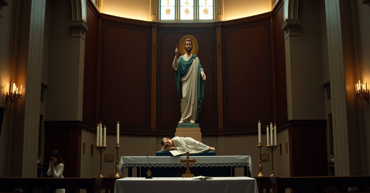 A Catholic church interior with a statue of St. Joseph prominently placed in front of the altar, overshadowing a dimly lit crucifix, symbolizing the idolatrous substitution of St. Joseph for Christ the King.