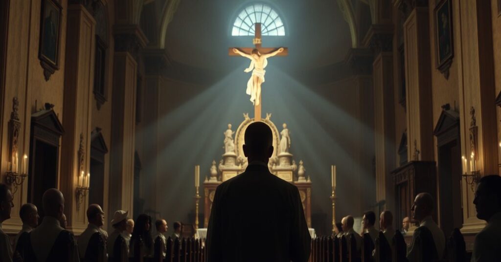 A traditional Catholic Mass contrasted with a vintage radio transmitter symbolizing idolatry of human technology over divine revelation.