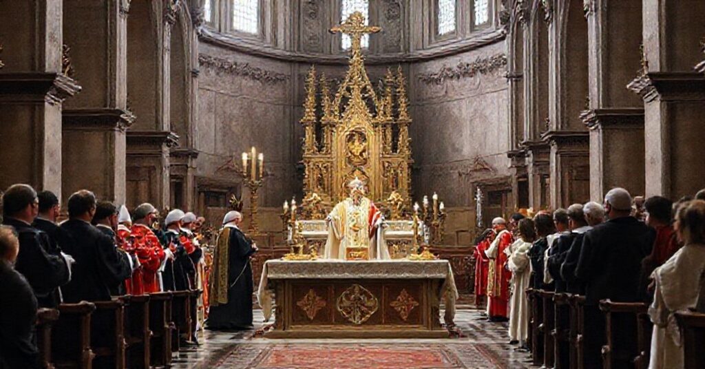 A traditional Catholic cathedral in Krakow depicting the illegitimate appointment of cardinal Grzegorz Ryś as 'archbishop' by the conciliar sect, showing doctrinal corruption and spiritual crisis among the faithful.