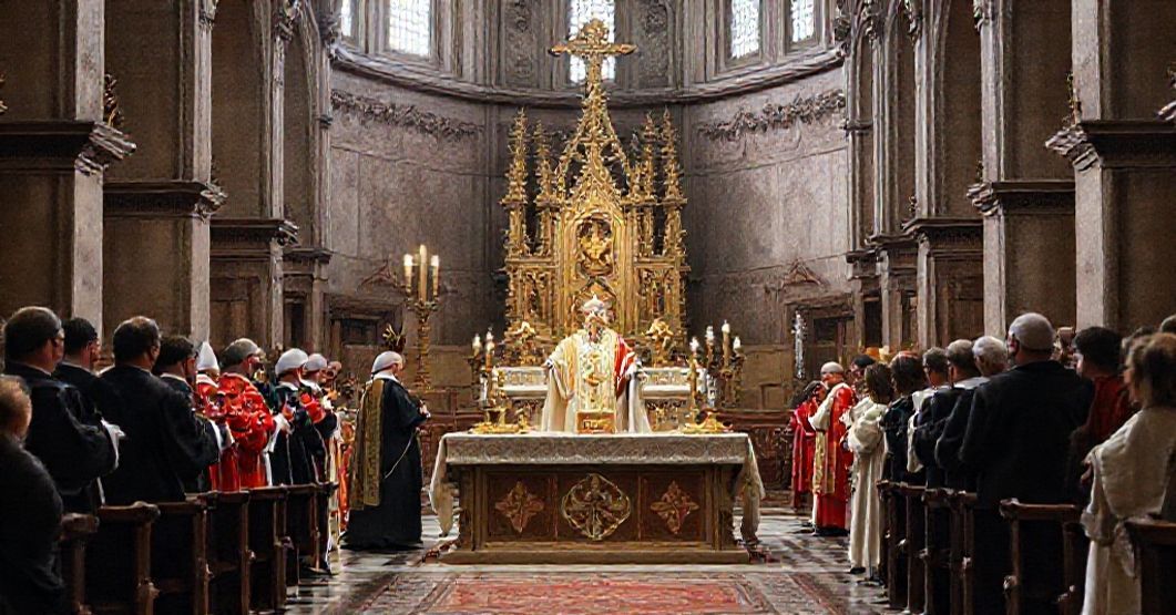 A traditional Catholic cathedral in Krakow depicting the illegitimate appointment of cardinal Grzegorz Ryś as 'archbishop' by the conciliar sect, showing doctrinal corruption and spiritual crisis among the faithful.