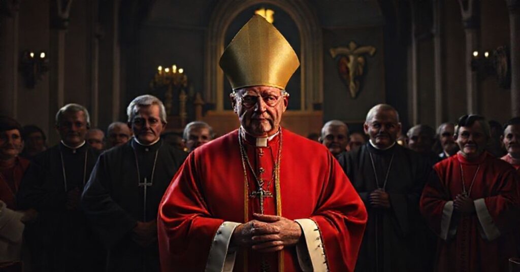 A solemn image depicting the illegitimate appointment of Ronald Hicks as "Archbishop" of New York, symbolizing the crisis of faith within the conciliar sect.