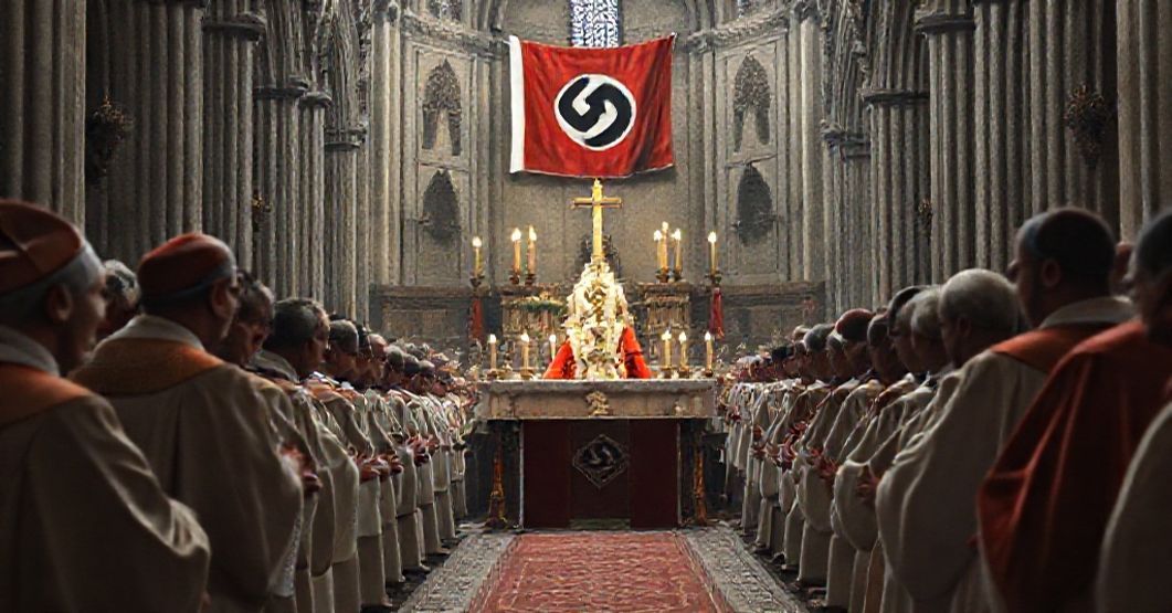 A solemn and somber depiction of an illegitimate beatification ceremony at Notre Dame Cathedral in 2025.