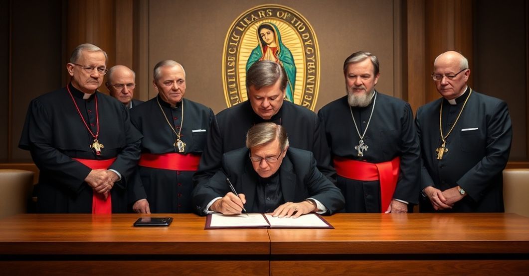 Illinois Governor J.B. Pritzker signs assisted suicide law with conciliar bishops in a solemn government setting.