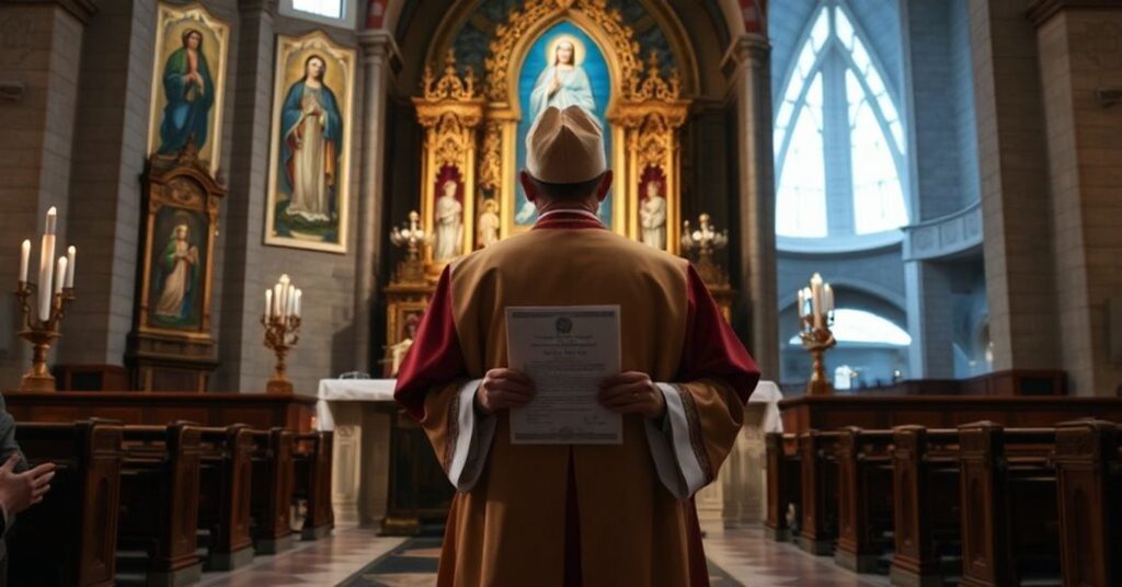 Catholic bishop in traditional vestments before historic church altar with images of Immaculate Conception contrasting with modernist National Shrine in background