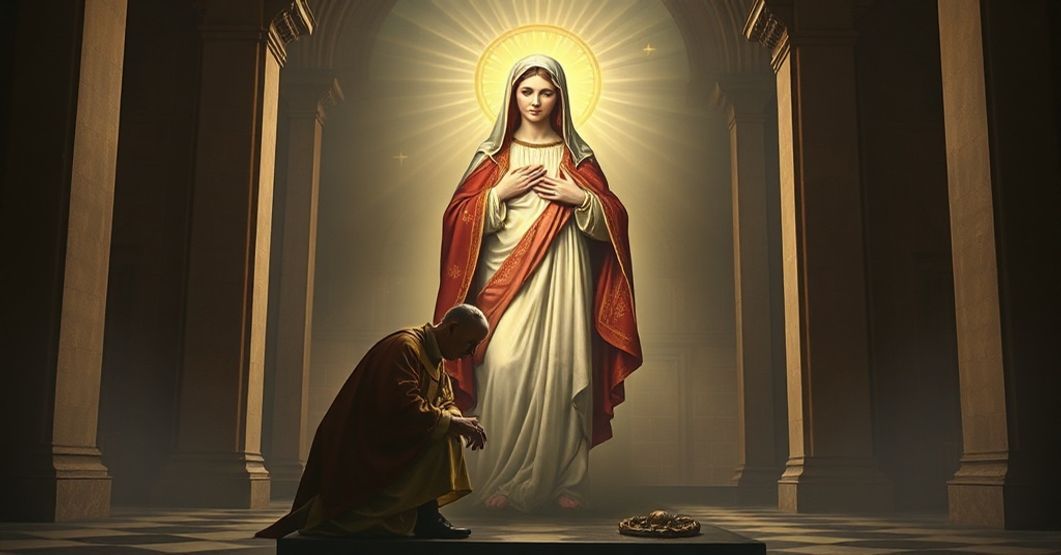 Traditional Catholic depiction of the Immaculate Conception contrasted with the conciliar sect's distortion of Marian dogma by antipope Leo XIV.