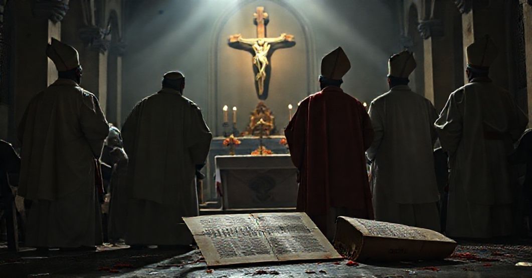 Indian pseudo-bishops engaged in Hindu-Catholic syncretism in a desecrated church, rejecting Christ's Social Kingship.