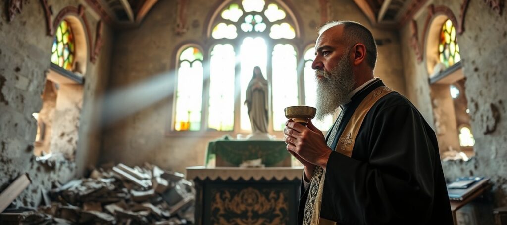 Melkite Greek Catholic priest Father Marios Khairallah holds an intact consecrated host in a war-damaged church in Tbenine, Lebanon.