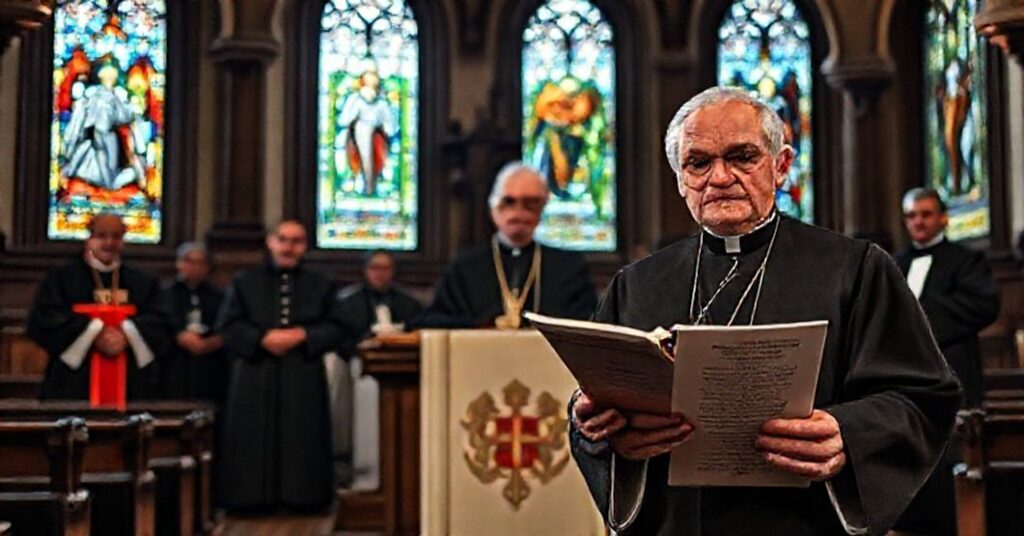 A solemn Catholic church interior during an interfaith event celebrating Nostra Aetate, with heretical speakers promoting false dialogue.
