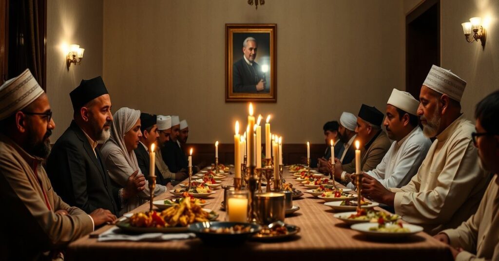Interfaith Iftar Meal in Pakistan - Father James Channan and Abdul Khabeer Azad seated at a long table laden with traditional dishes in a dimly lit room adorned with modest Islamic and Catholic religious symbols.