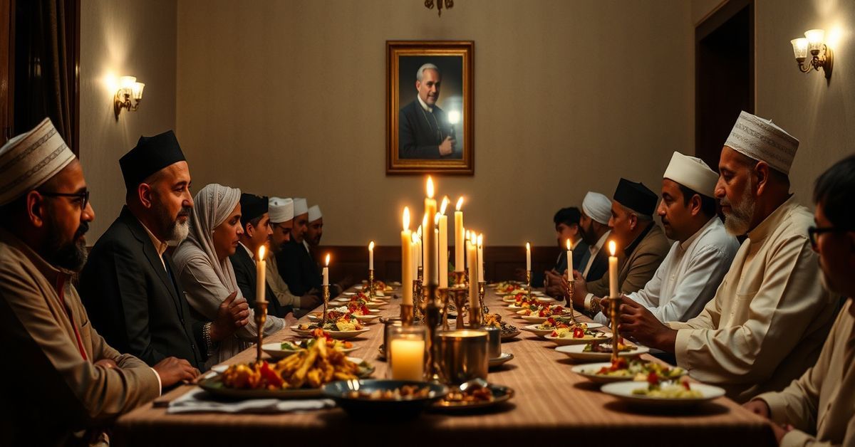 Interfaith Iftar Meal in Pakistan - Father James Channan and Abdul Khabeer Azad seated at a long table laden with traditional dishes in a dimly lit room adorned with modest Islamic and Catholic religious symbols.