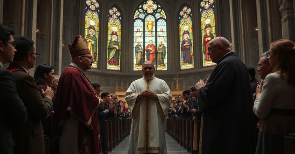 Invalid Episcopal Appointments: Manuel de Jesus Rodriguez and Peter Dai Bui receiving false appointments from antipope Leo XIV in a dimly lit cathedral.