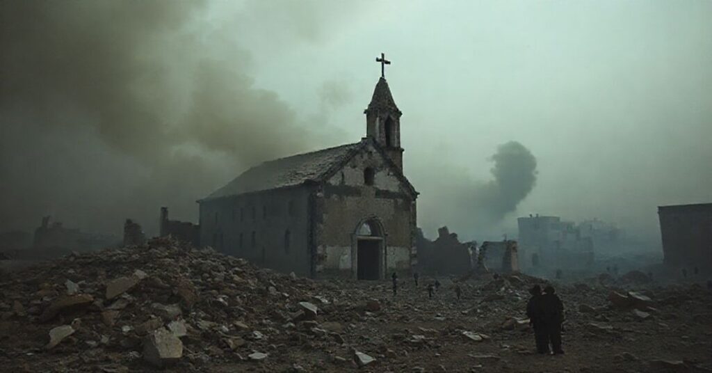 Ruins of a Christian church in Iraq with smoke rising and persecuted Christians fleeing amid election propaganda.