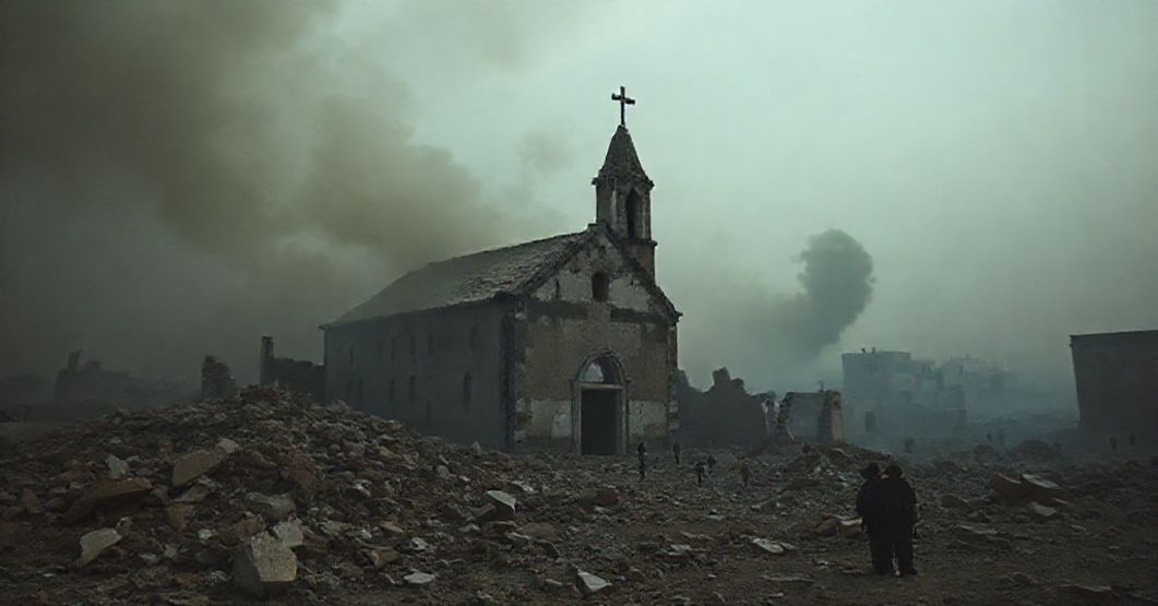 Ruins of a Christian church in Iraq with smoke rising and persecuted Christians fleeing amid election propaganda.