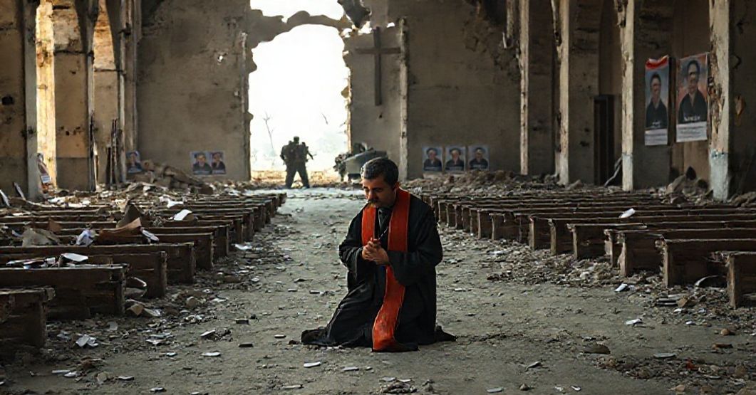 The Abandonment of Christ's Kingship in Iraq's Elections A Catholic priest kneels in prayer before a ruined church in Iraq, symbolizing the persecution of Christians amid secular elections.