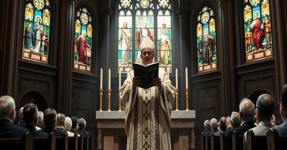 Traditional Catholic bishop in full liturgical vestments addressing congregation on abortion's moral gravity.