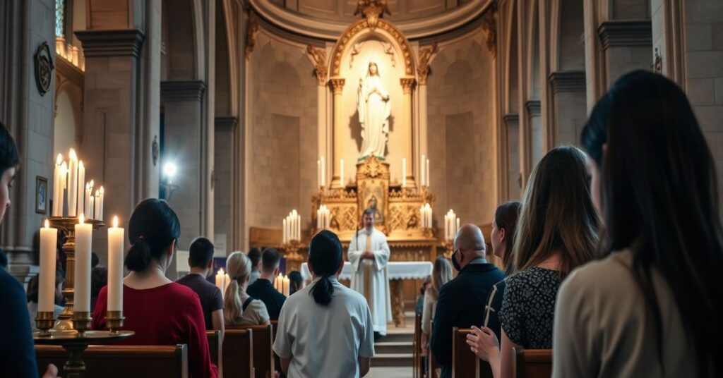 A solemn scene in an Irish Catholic cathedral with young adults praying before the tabernacle, symbolizing the contrast between cultural Catholicism and true faith.