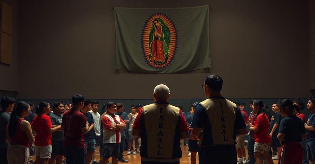 A youth gathering under the Iskali Initiative banner with Our Lady of Guadalupe, blending sports and emotionalism over traditional Catholic doctrine.