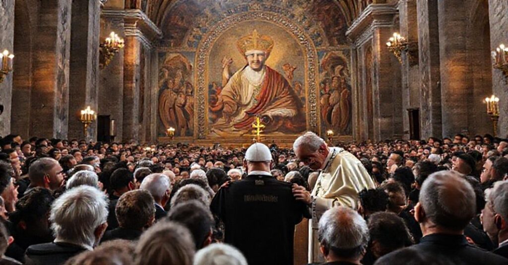 A solemn depiction of the ecumenical spectacle in Istanbul's Cathedral of the Holy Spirit with the illegitimate "Pope" Leo XIV surrounded by modernist architectural elements.