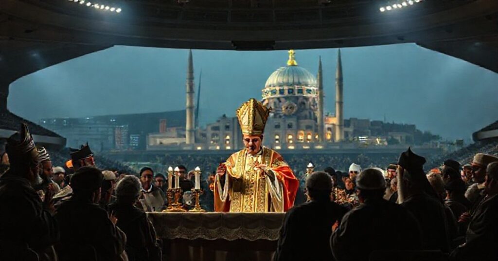 A solemn Catholic scene depicting the apostasy of the Antichurch in Istanbul's Volkswagen Arena.