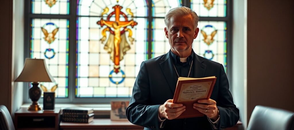 A reverent image of Vice President JD Vance holding Leo XIV's encyclical 'Magnifica Humanitas' in a modern office with traditional Catholic symbolism.