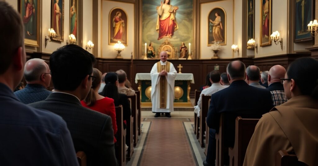 JD Vance attending a traditional Latin Mass with his Hindu wife in a solemn Catholic chapel.