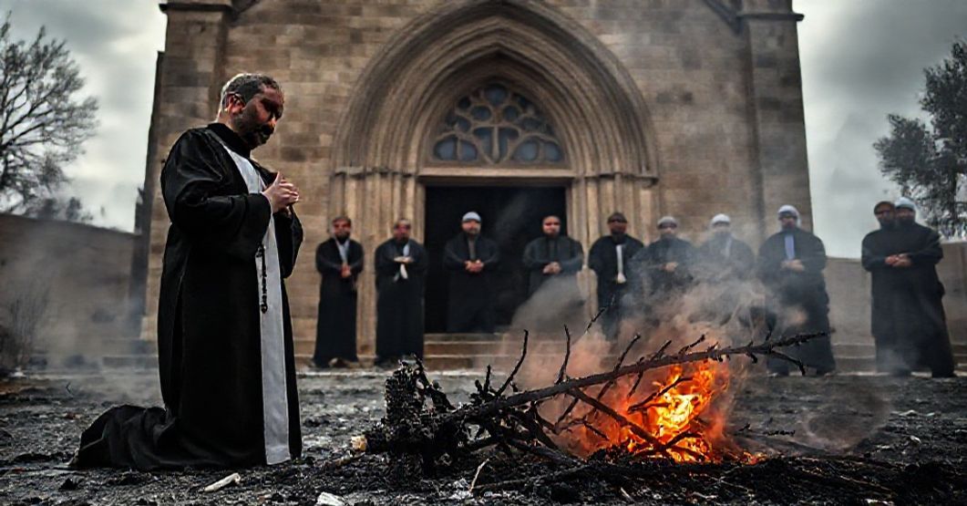 A traditional Catholic priest kneels in prayer before a burned Christmas tree at Jenin's Church of the Holy Redeemer, with Muslim men standing defiantly in the background.
