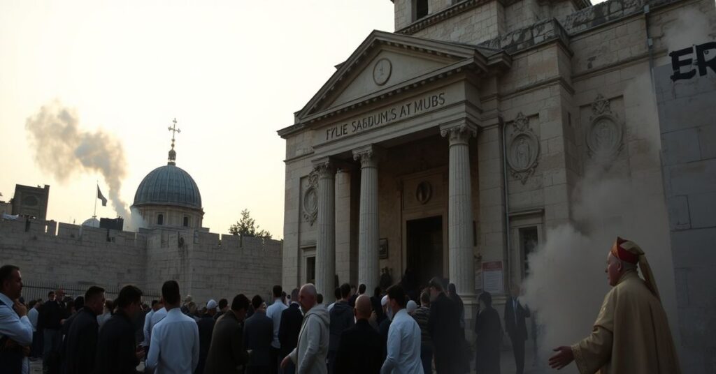 Traditional Catholic pilgrims praying at the desecrated Church of the Holy Sepulchre amid Iranian missile fragments, symbolizing the spiritual crisis of the conciliar sect.