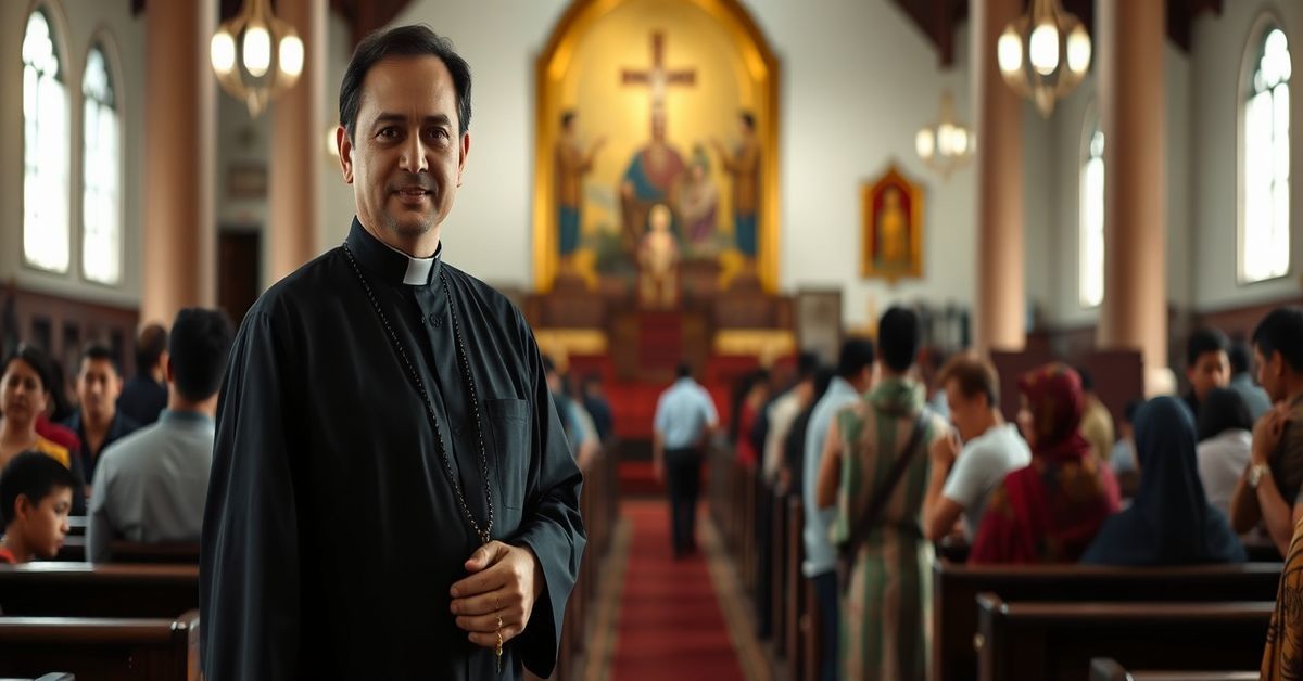 Jesuit priest amidst suffering refugees in Myanmar during Lent, symbolizing naturalistic humanitarianism over traditional Catholic penance.